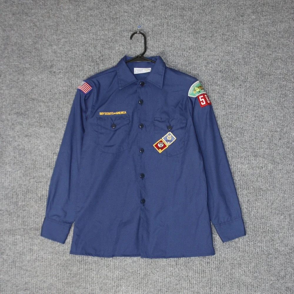 Vintage Boy Scouts of America Shirt‎ Kids LG Blue Long Sleeve Uniform Patches